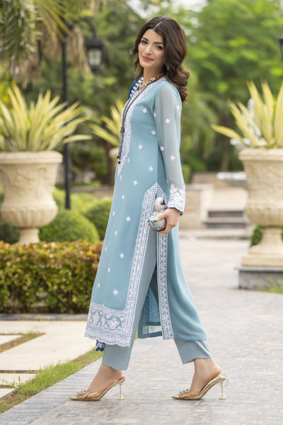 Whispers by Aleezay – Powder Blue Chiffon 3pc Ready to Wear Dress
