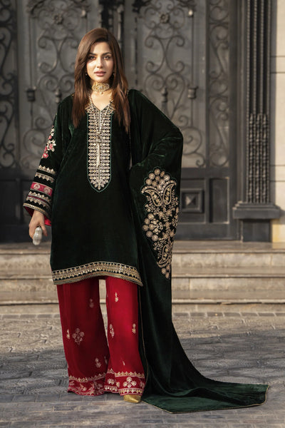 Aleezay KASHMÉ – Forest Green Velvet 3pc Suit with Velvet Shawl
