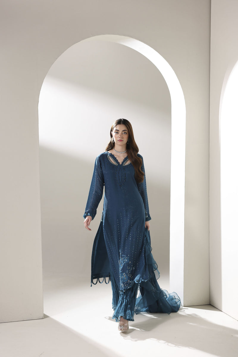 Starstruck by Ain – Teal Zari Chiffon 3pc Dress with Palazzo SBA1