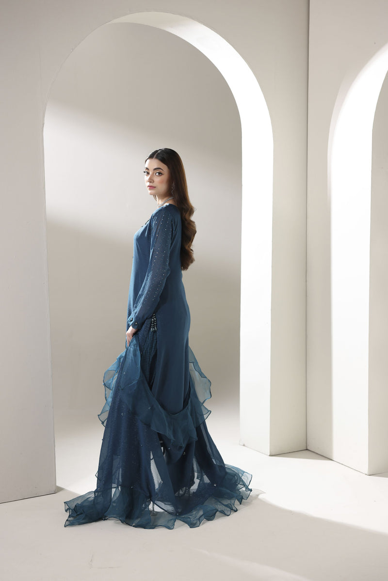 Starstruck by Ain – Teal Zari Chiffon 3pc Dress with Palazzo SBA1