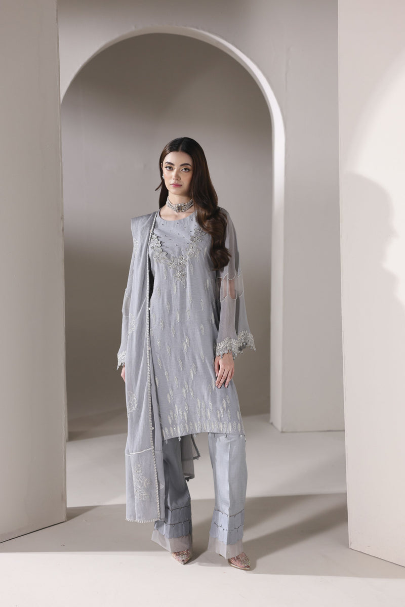 Starstruck by Ain – Silver Zari Chiffon 3pc Dress with Diamante Palazzo SBA2