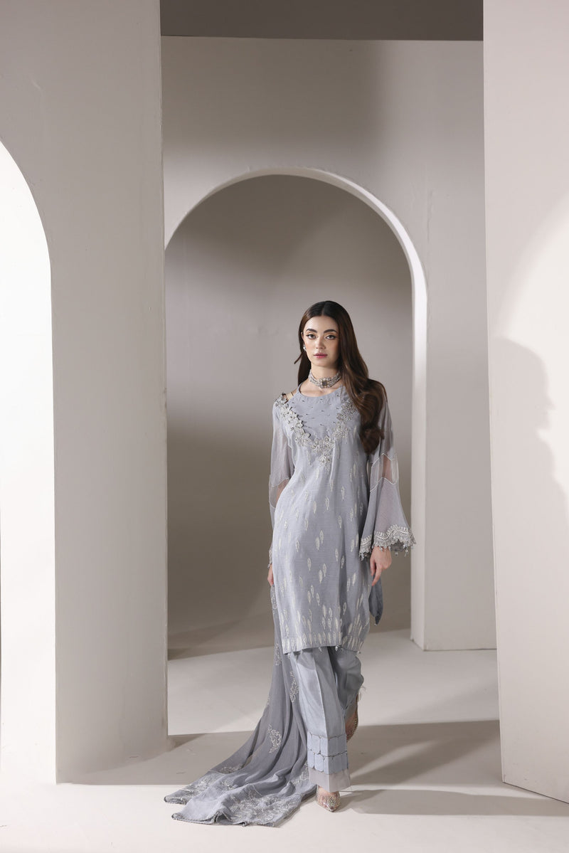 Starstruck by Ain – Silver Zari Chiffon 3pc Dress with Diamante Palazzo SBA2
