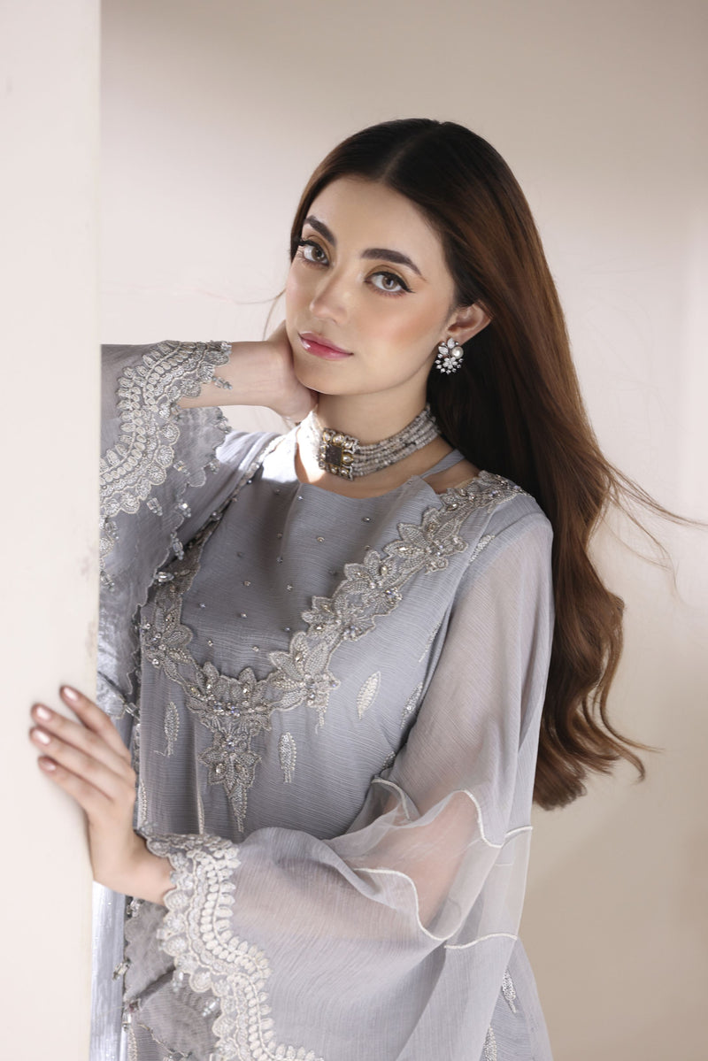 Starstruck by Ain – Silver Zari Chiffon 3pc Dress with Diamante Palazzo SBA2