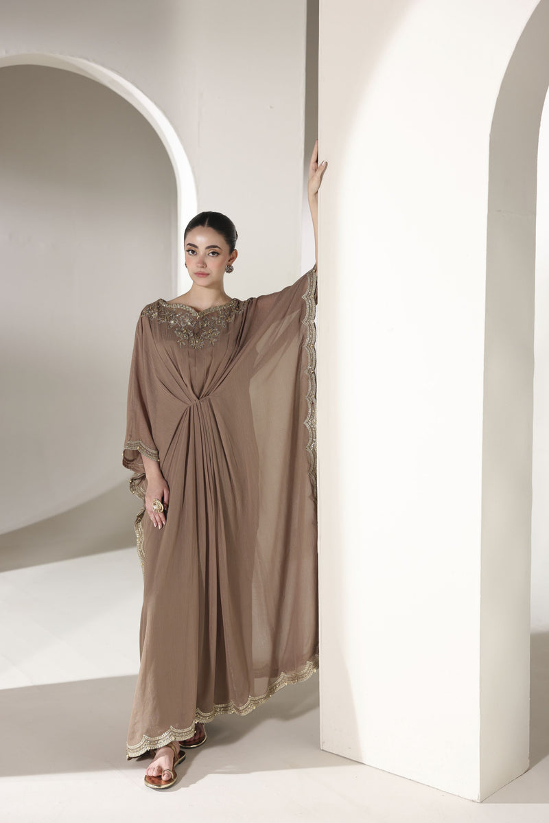 Starstruck by Ain – Mocha Zari Chiffon Embroidered Cape with Crystals SBA6
