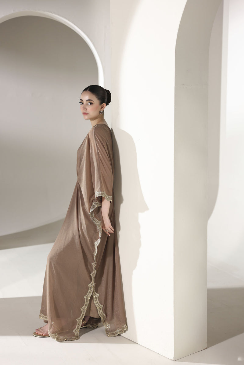 Starstruck by Ain – Mocha Zari Chiffon Embroidered Cape with Crystals SBA6