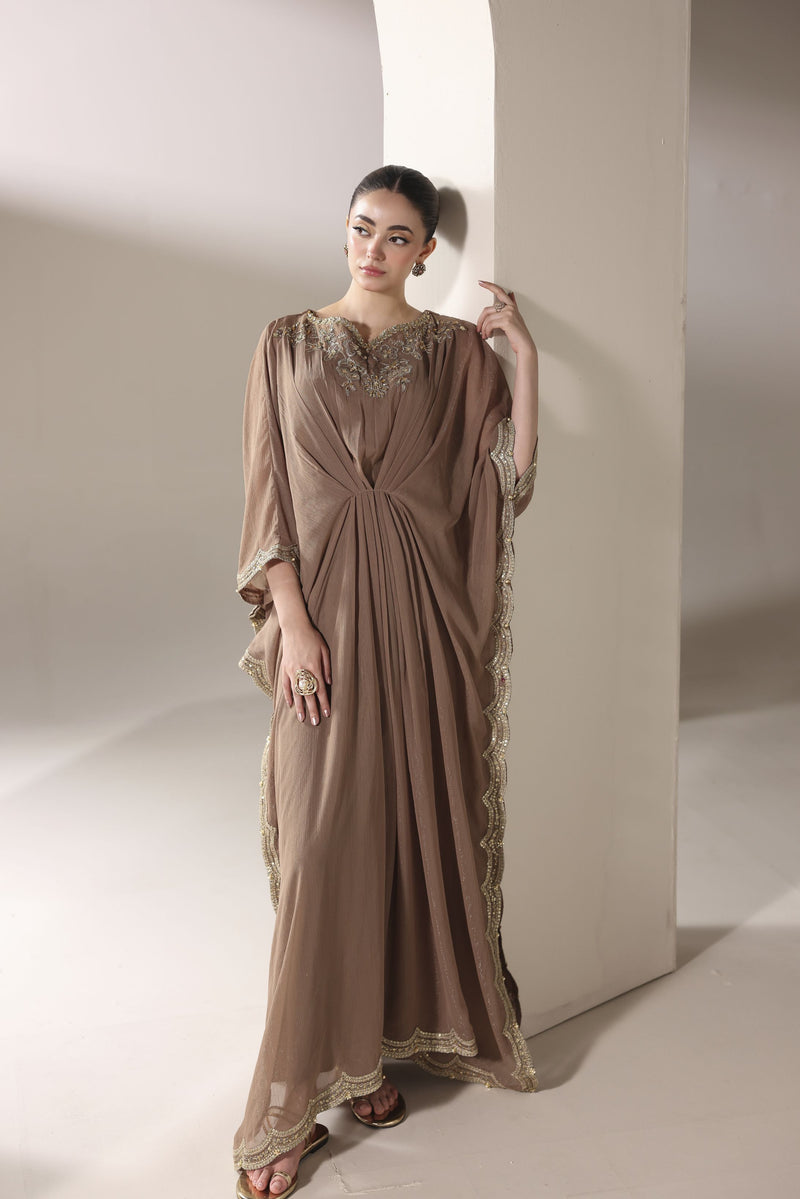 Starstruck by Ain – Mocha Zari Chiffon Embroidered Cape with Crystals SBA6