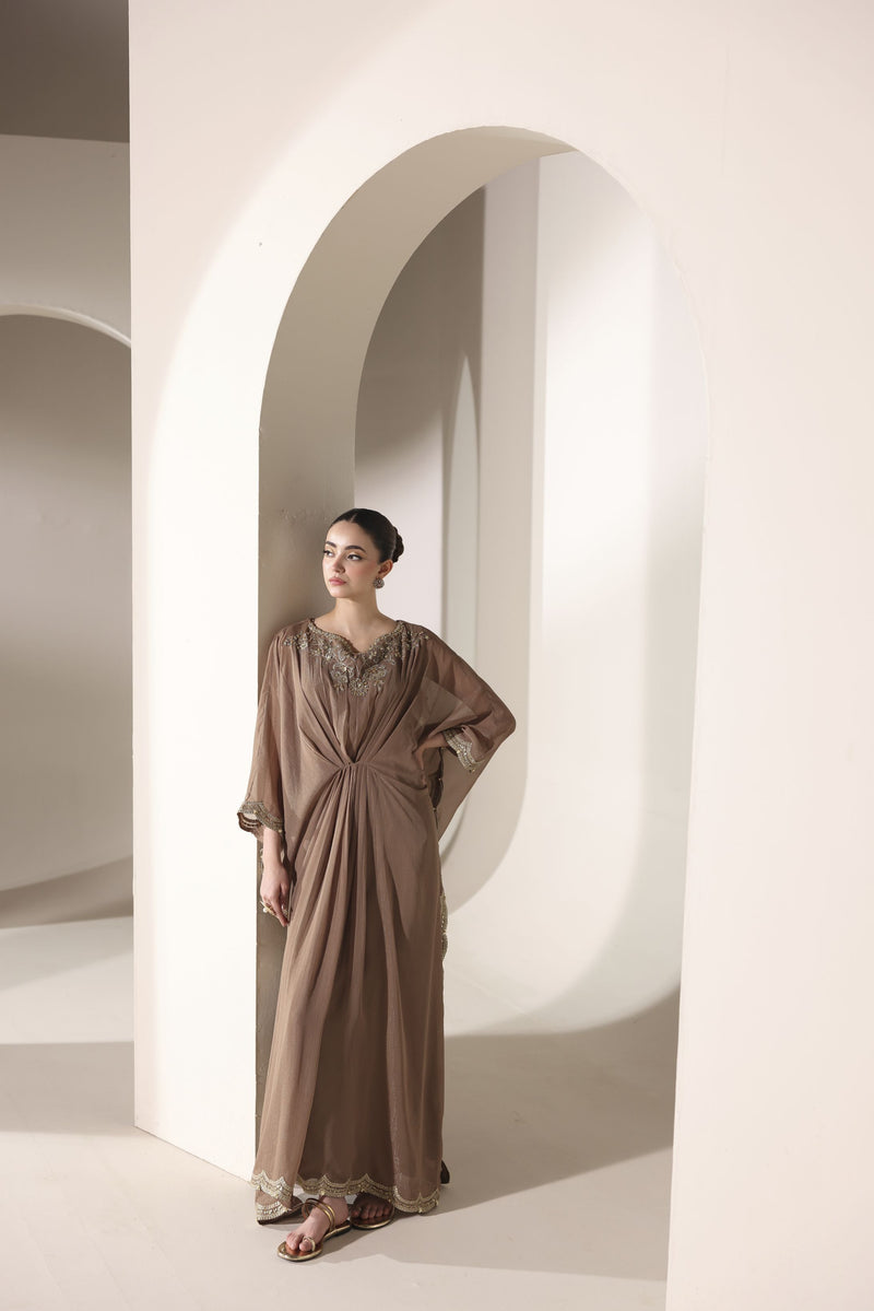 Starstruck by Ain – Mocha Zari Chiffon Embroidered Cape with Crystals SBA6