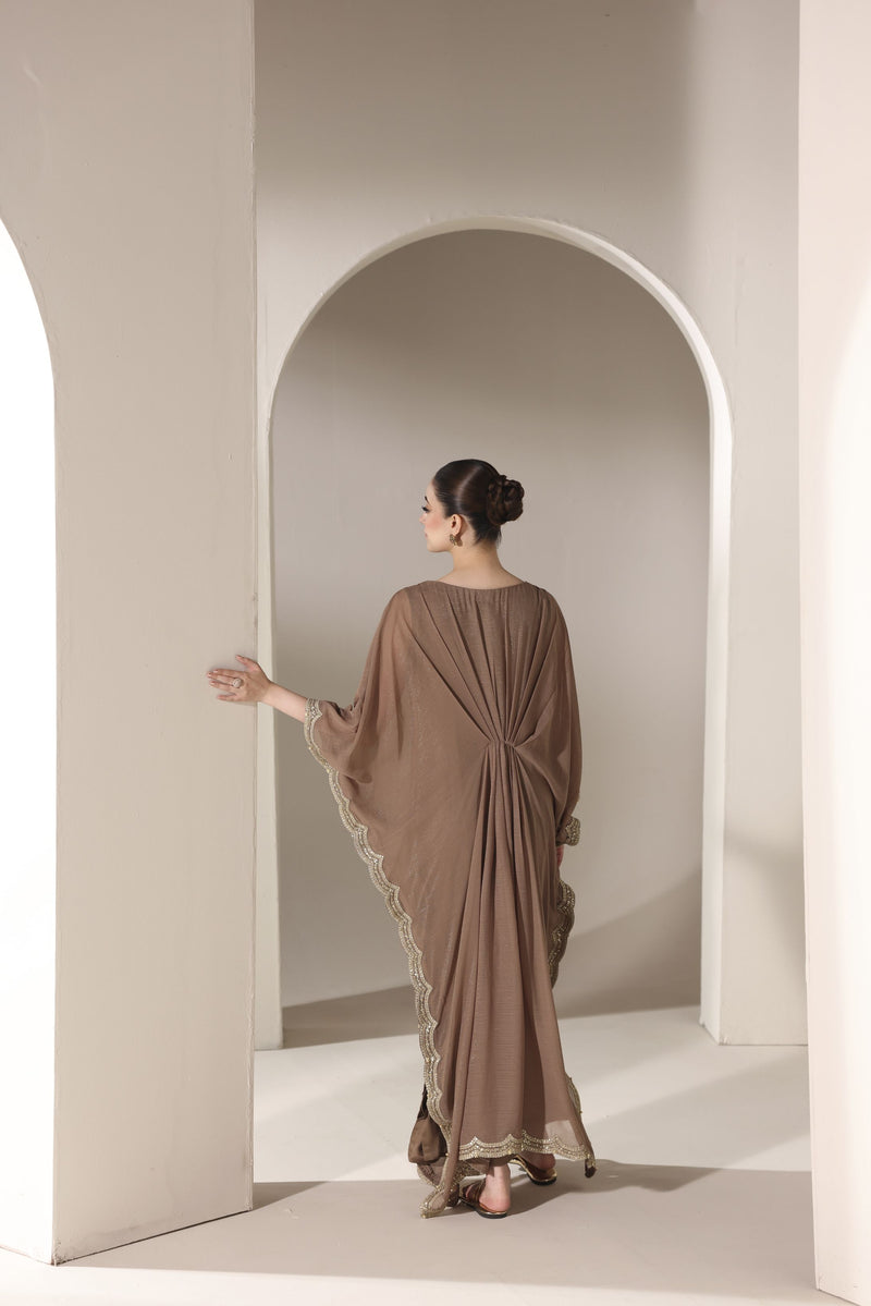 Starstruck by Ain – Mocha Zari Chiffon Embroidered Cape with Crystals SBA6