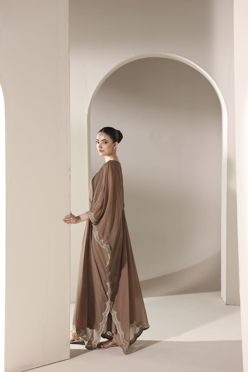 Starstruck by Ain – Mocha Zari Chiffon Embroidered Cape with Crystals SBA6