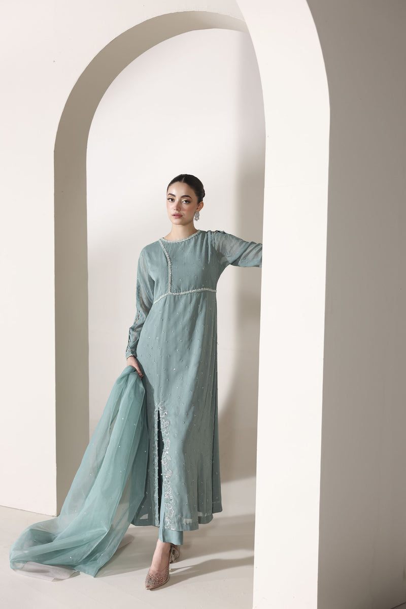 Starstruck by Ain – Sea Green Zari Chiffon 3pc Dress SBA4