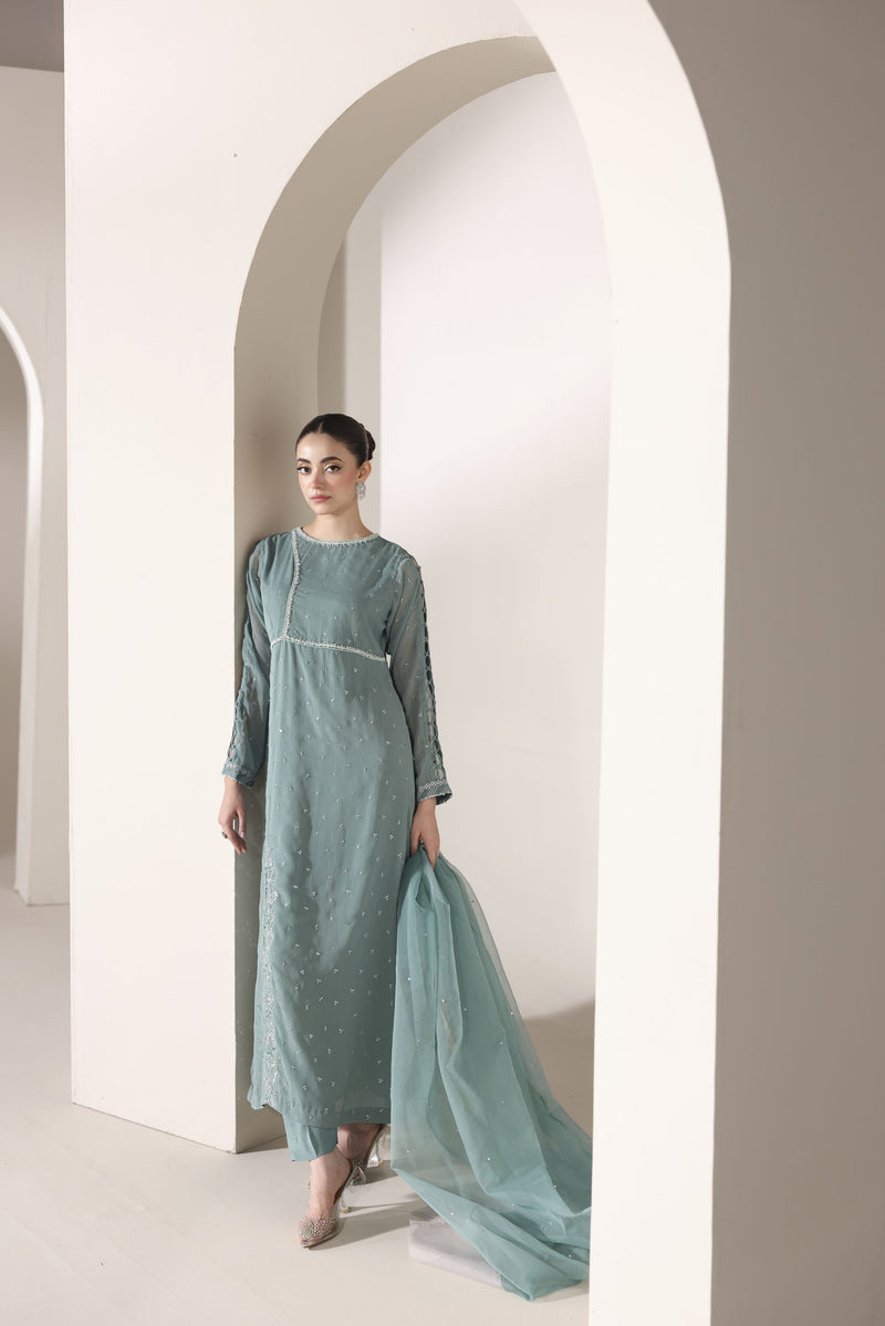 Starstruck by Ain – Sea Green Zari Chiffon 3pc Dress SBA4