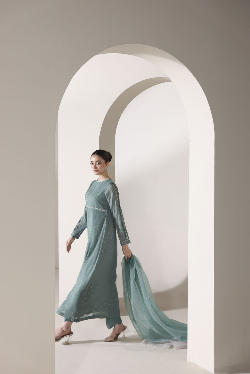 Starstruck by Ain – Sea Green Zari Chiffon 3pc Dress SBA4