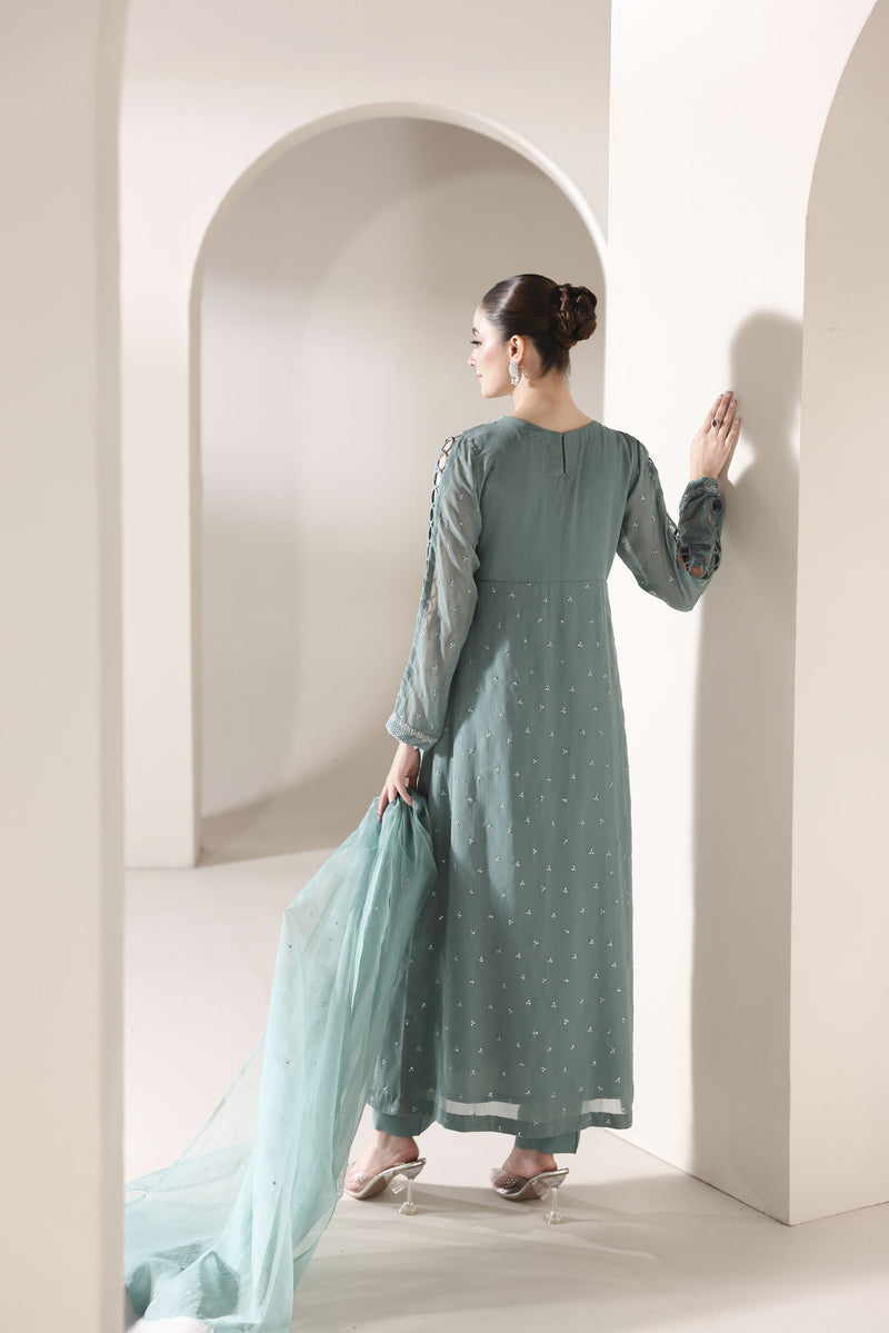 Starstruck by Ain – Sea Green Zari Chiffon 3pc Dress SBA4
