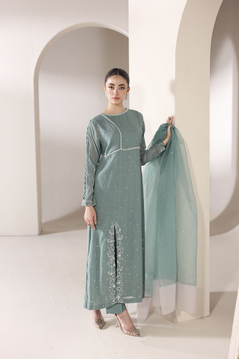 Starstruck by Ain – Sea Green Zari Chiffon 3pc Dress SBA4