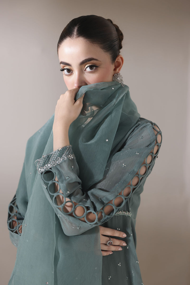 Starstruck by Ain – Sea Green Zari Chiffon 3pc Dress SBA4
