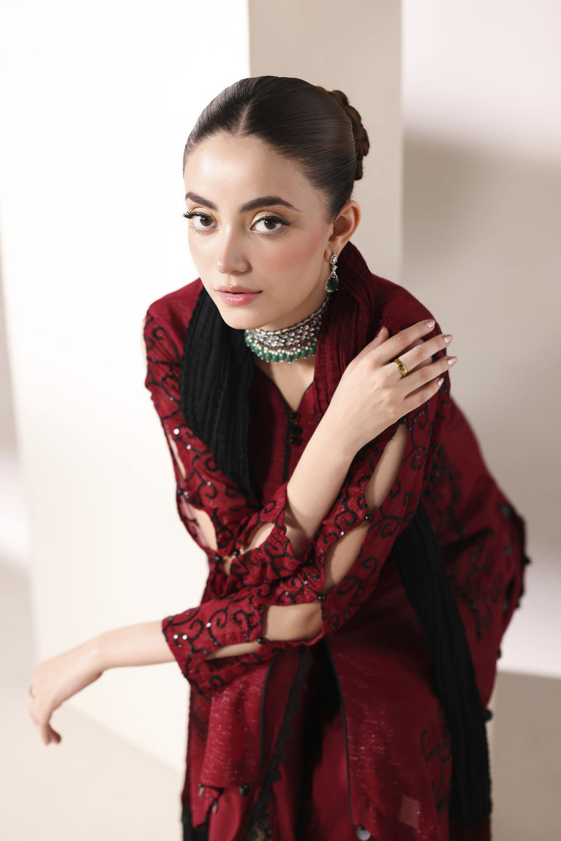Starstruck by Ain – Crimson Zari Chiffon 3pc Dress with Tulip Shalwar SBA5