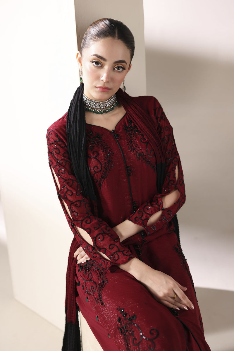 Starstruck by Ain – Crimson Zari Chiffon 3pc Dress with Tulip Shalwar SBA5