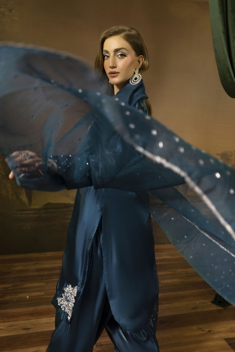Midnight Blue Silk Farshi Shalwar Pakistani Dress - Farshi Bahaar by M The Zaibai Midnight Blue Silk Farshi Shalwar Pakistani Dress - Farshi Bahaar by M The Zaibai