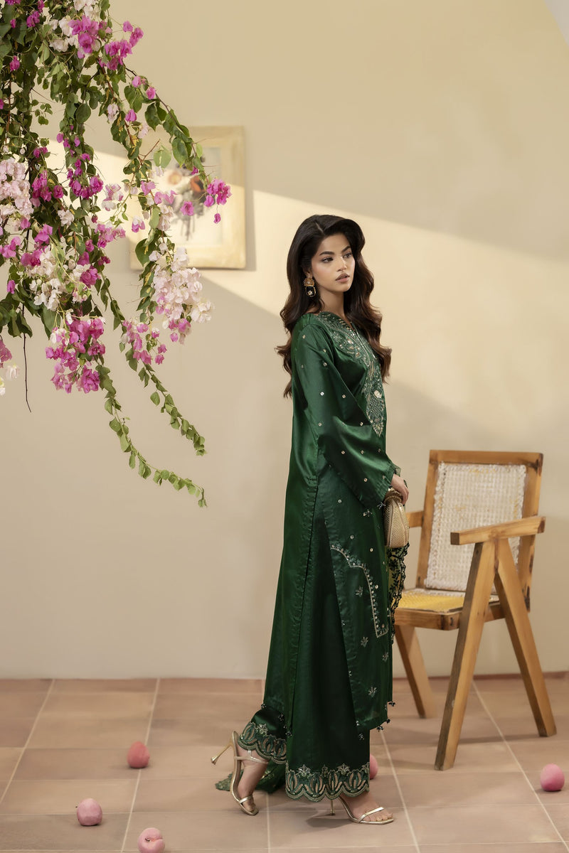 Emerald Green Embroidered Silk Dress – Mehek by Mona MBM1