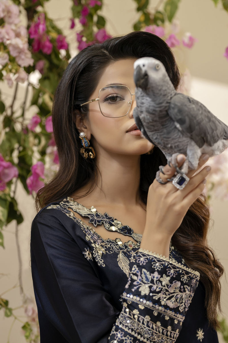Navy Blue Embroidered Silk & Mirror Work Dress – Mehek by Mona MBM2