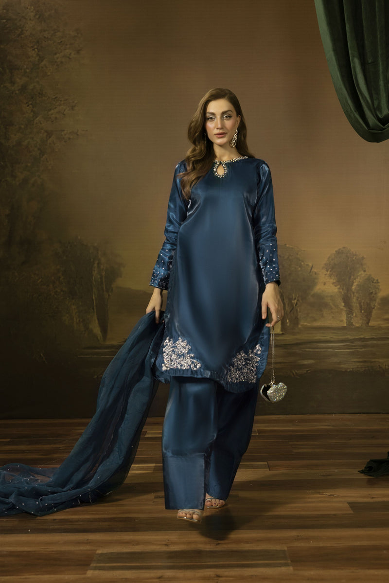 Midnight Blue Silk Farshi Shalwar Pakistani Dress - Farshi Bahaar by Mona FBM7