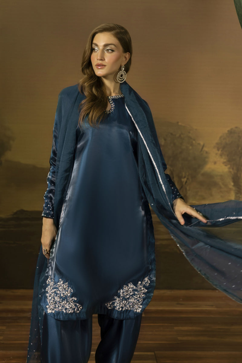 Midnight Blue Silk Farshi Shalwar Pakistani Dress - Farshi Bahaar by Mona FBM7