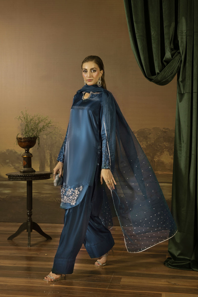 Midnight Blue Silk Farshi Shalwar Pakistani Dress - Farshi Bahaar by Mona FBM7