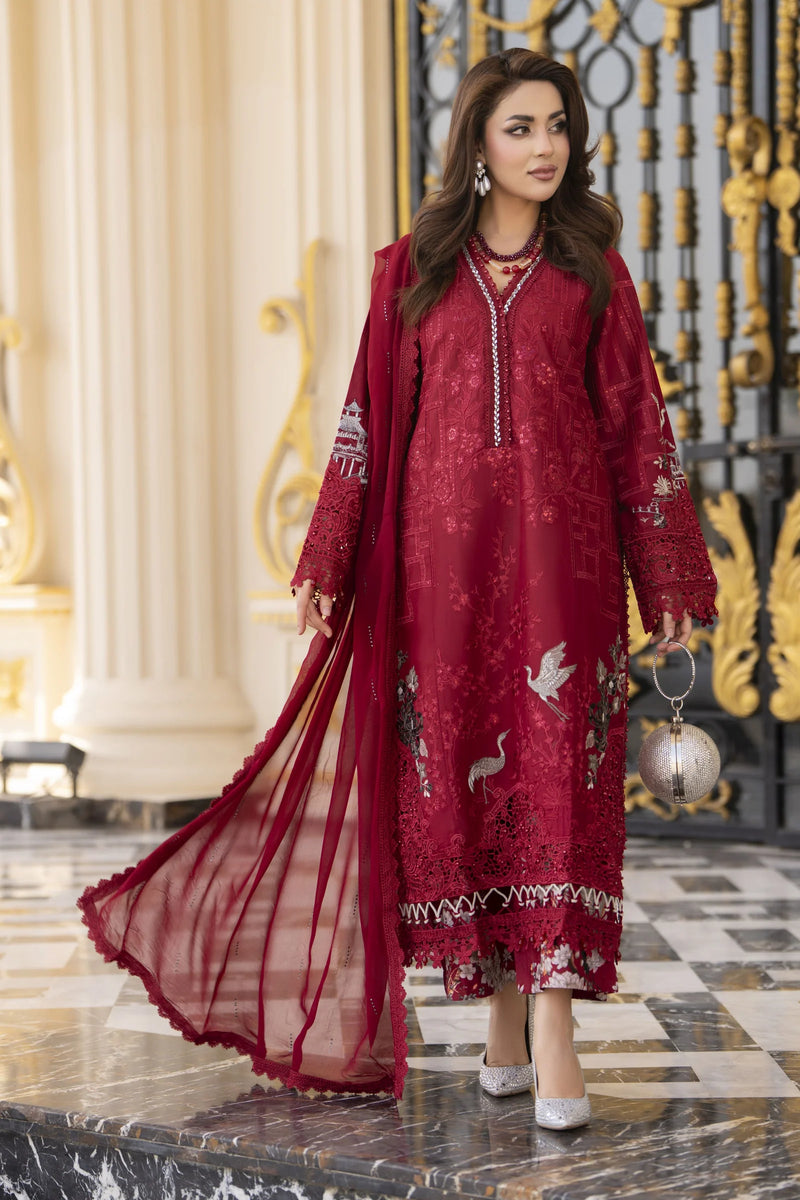 Arwah Aureen AA8 3pc Maroon Embroidered Cotton Long Suit with Chiffon – The Zaibai