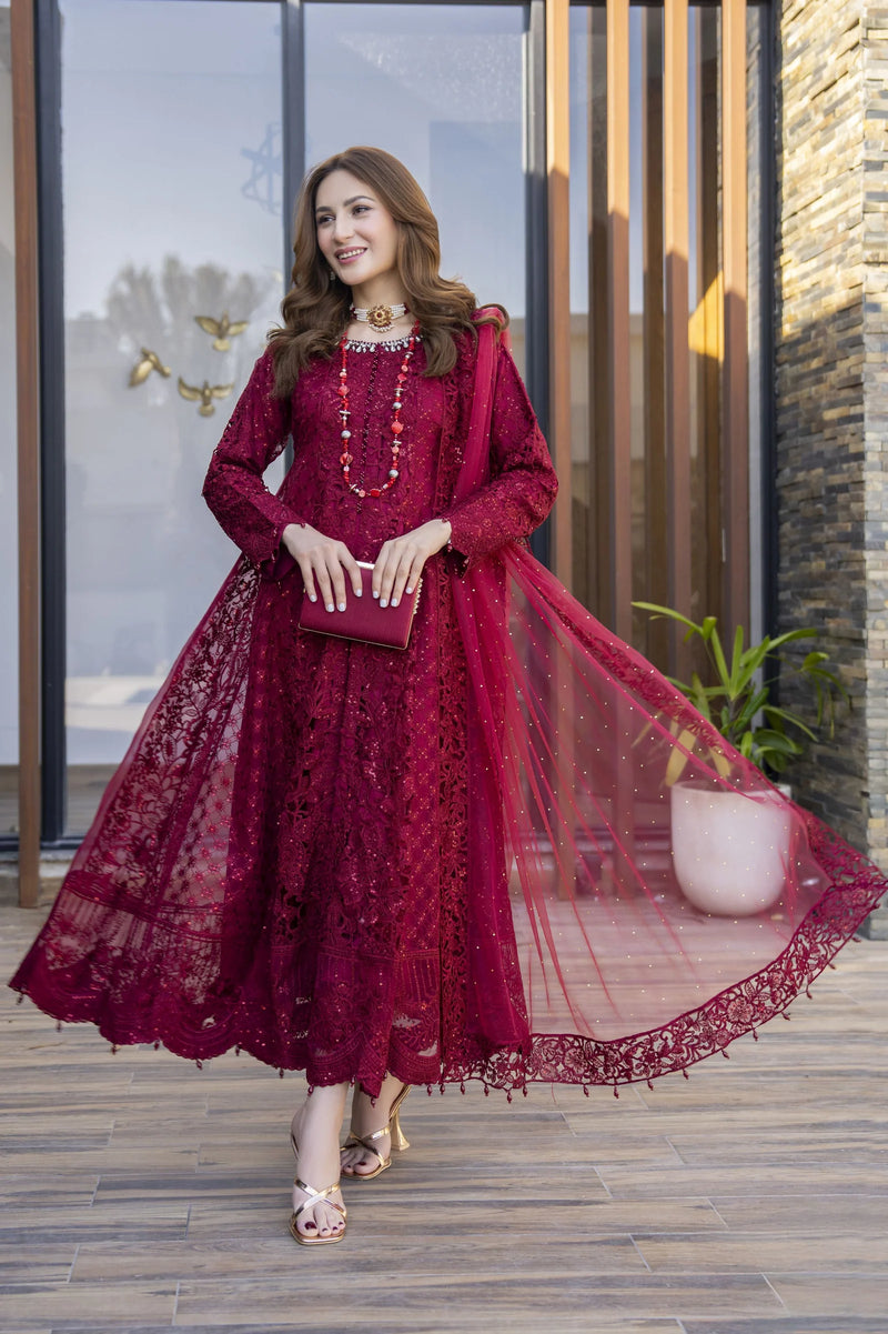 Zaiwaraat by Arwah Maroon Embroidered Organza Gown with Beaded Dupat The Zaibai Zaiwaraat by Arwah Maroon Embroidered Organza Gown with Beaded Dupat The Zaibai