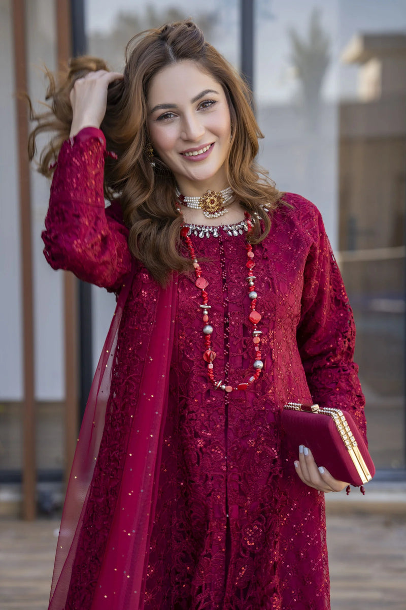 Zaiwaraat by Arwah Maroon Embroidered Organza Gown with Beaded Dupat The Zaibai Zaiwaraat by Arwah Maroon Embroidered Organza Gown with Beaded Dupat The Zaibai