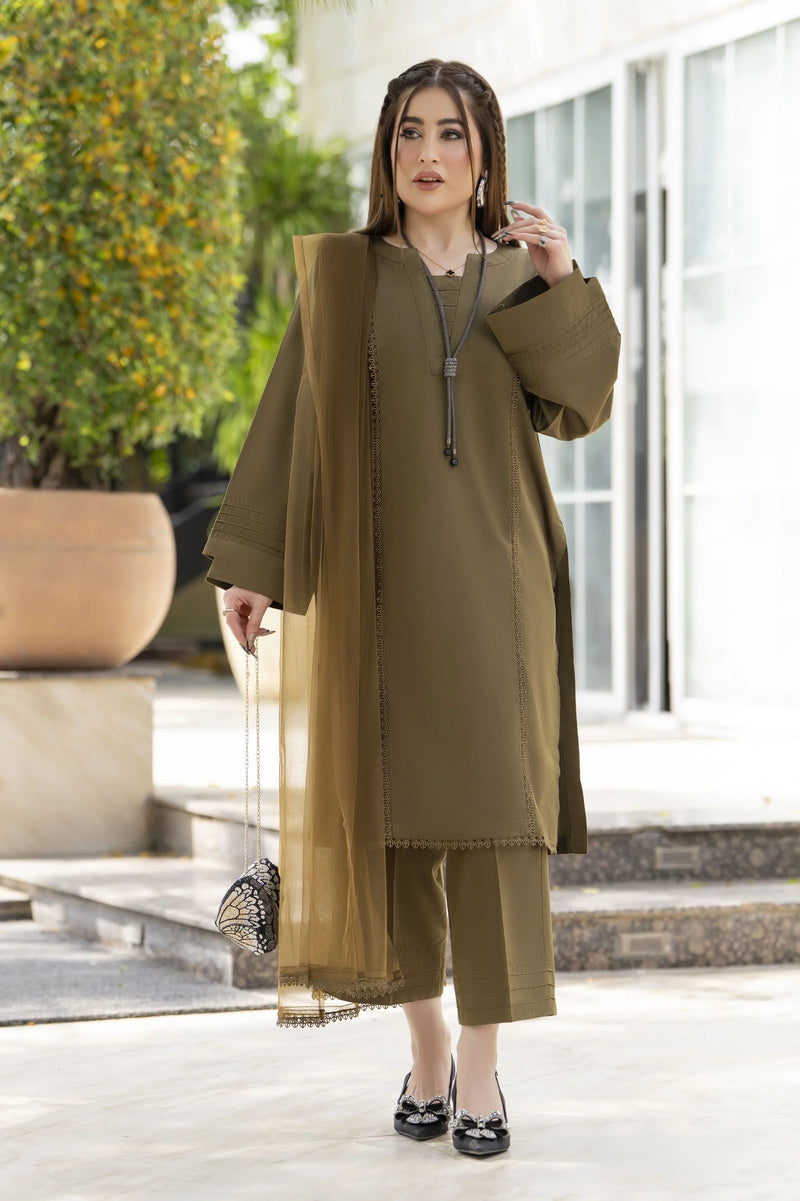 Aabpara Simply Warm Linen 3pc Ready to Wear with Dyed Net Dupatta SWA6