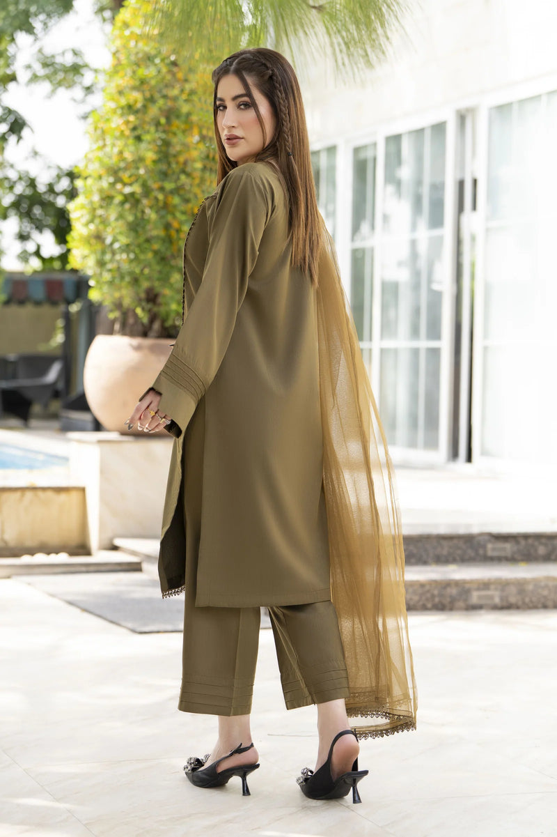 Aabpara Simply Warm Linen 3pc Ready to Wear with Dyed Net Dupatta SWA6