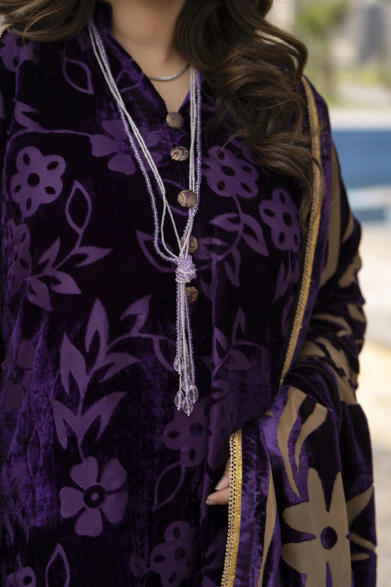 French Velvet Long Shirt 3pc Suit With Palachi Shawl – Gul Warun FNG6 ...
