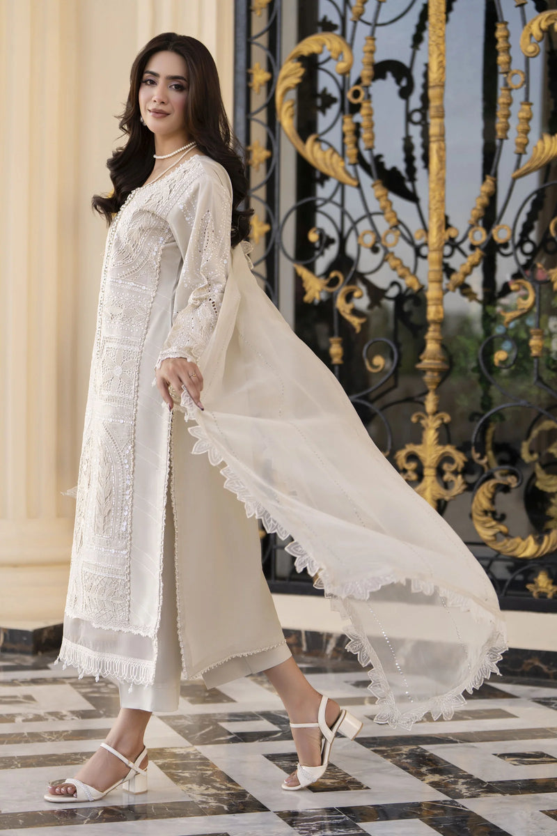 Arwah Aureen AA9 3pc Beige Cutwork Cotton Long Suit with Chiffon Dupat ...