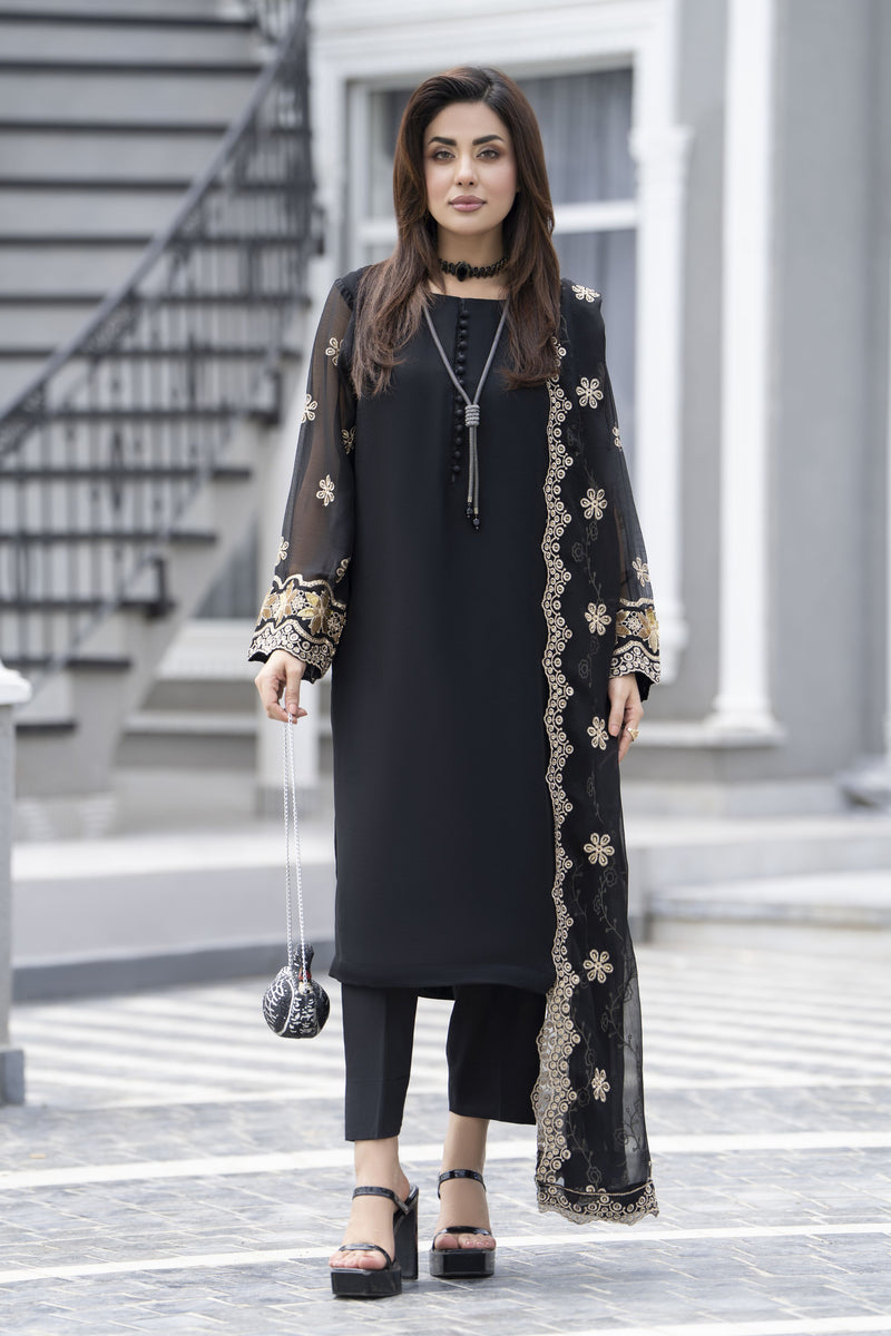 Gul Warun Lustre Chiffon – 3pc Ready to Wear Black Embroidered Long Dr – The Zaibai