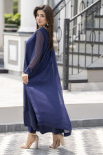 Gul Warun Lustre Chiffon – 3pc Ready to Wear Navy Blue Embroidered Chiffon Frock Dress LSG4