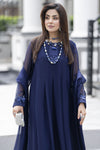 Gul Warun Lustre Chiffon – 3pc Ready to Wear Navy Blue Embroidered Chiffon Frock Dress LSG4