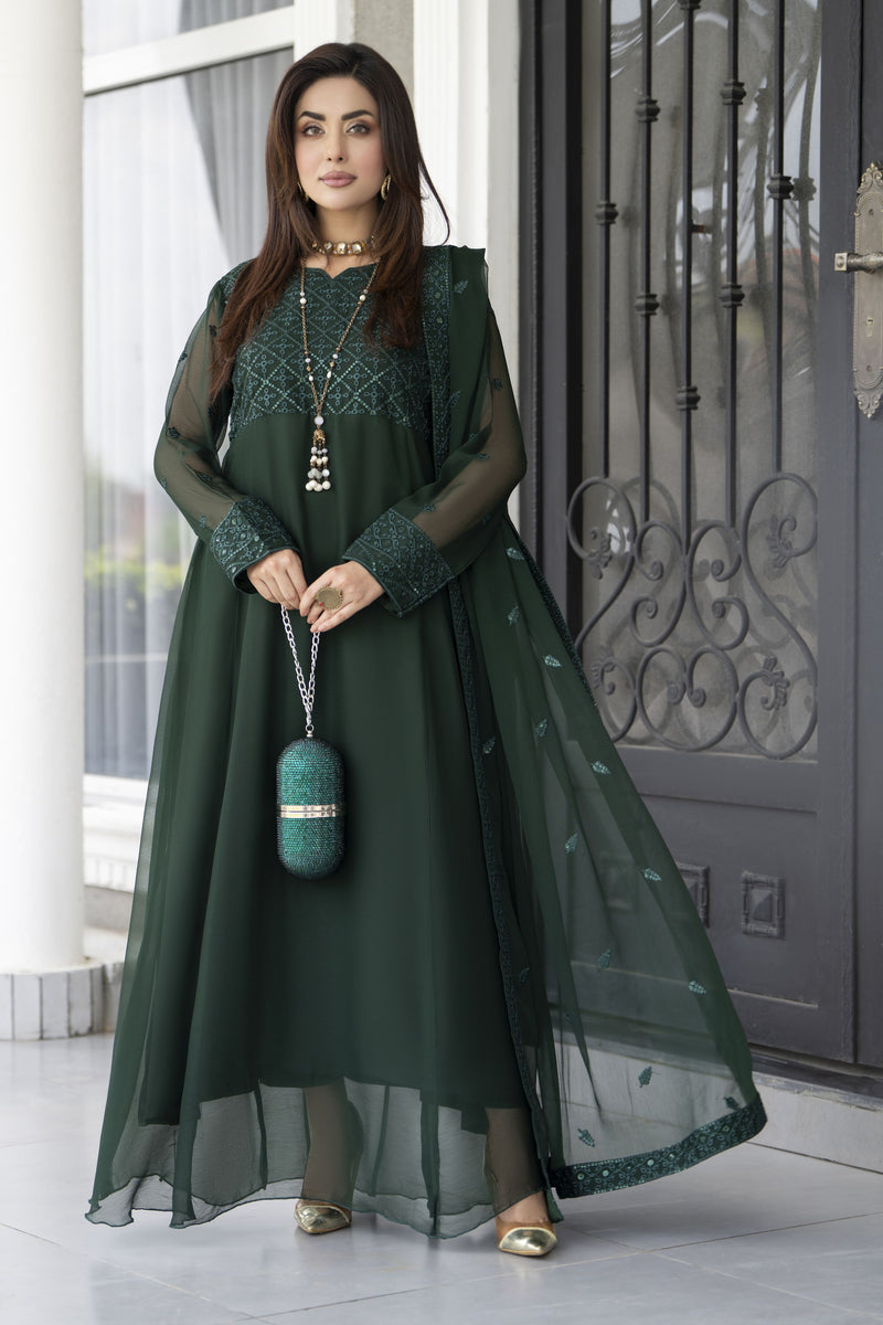 Gul Warun Lustre Chiffon 3pc Ready to Wear Emerald Green Long Frock The Zaibai Gul Warun Lustre Chiffon 3pc Ready to Wear Emerald Green Long Frock The Zaibai