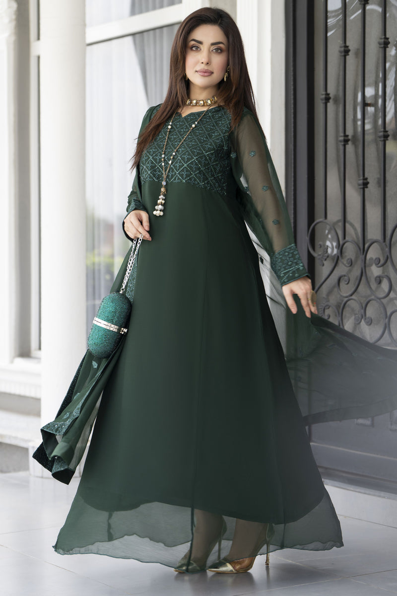 Gul Warun Lustre Chiffon 3pc Ready to Wear Emerald Green Long Frock The Zaibai Gul Warun Lustre Chiffon 3pc Ready to Wear Emerald Green Long Frock The Zaibai