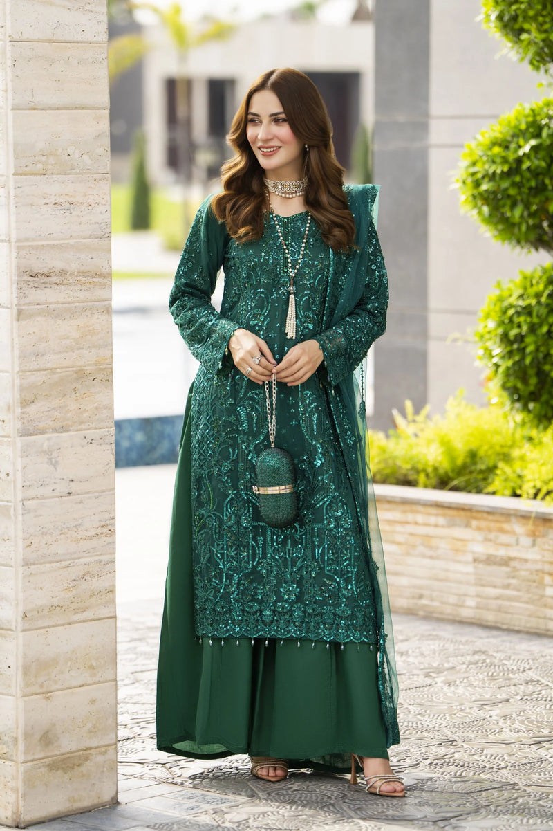 Emerald Green Net Embroidered 3pc Sharara Dress with Handwork by SILVE The Zaibai Emerald Green Net Embroidered 3pc Sharara Dress with Handwork by SILVE The Zaibai