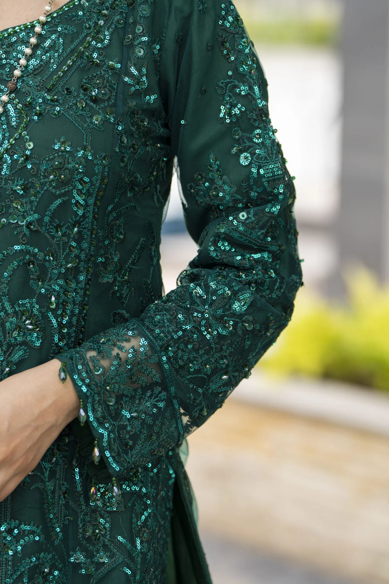 Emerald Green Net Embroidered 3pc Sharara Dress with Handwork by SILVE The Zaibai Emerald Green Net Embroidered 3pc Sharara Dress with Handwork by SILVE The Zaibai