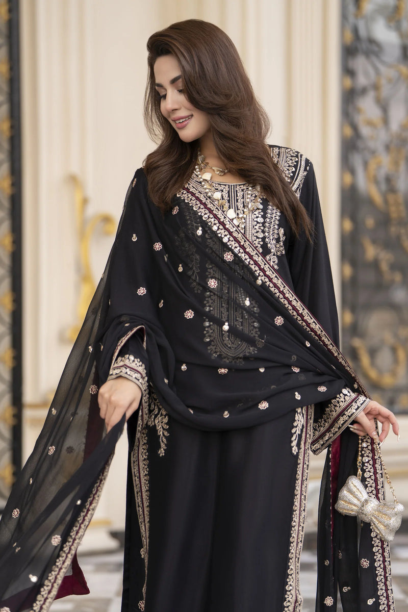 Reshmi RA9 Black Embroidered 3pc Raw Silk Suit with Chiffon Dupatta ...