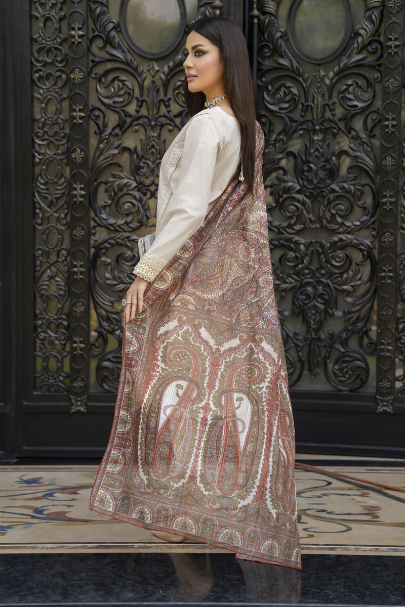 Cream Embroidered Cotton 3pc Women Suit with Dupatta | Baarish by Miski BYM3