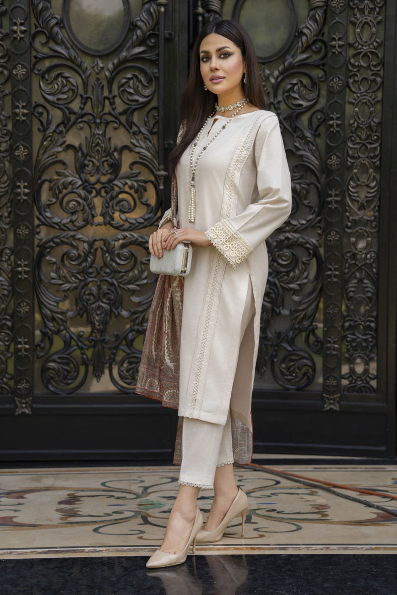 Cream Embroidered Cotton 3pc Women Suit with Dupatta | Baarish by Miski BYM3