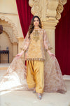 Golden Beige Organza Embroidered Shirt with Mustard Silk Farshi Shalwar – RNK5