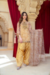 Golden Beige Organza Embroidered Shirt with Mustard Silk Farshi Shalwar – RNK5