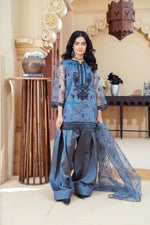Slate Blue Organza Embroidered Shirt with Deep Charcoal Silk Farshi Shalwar – RNK4