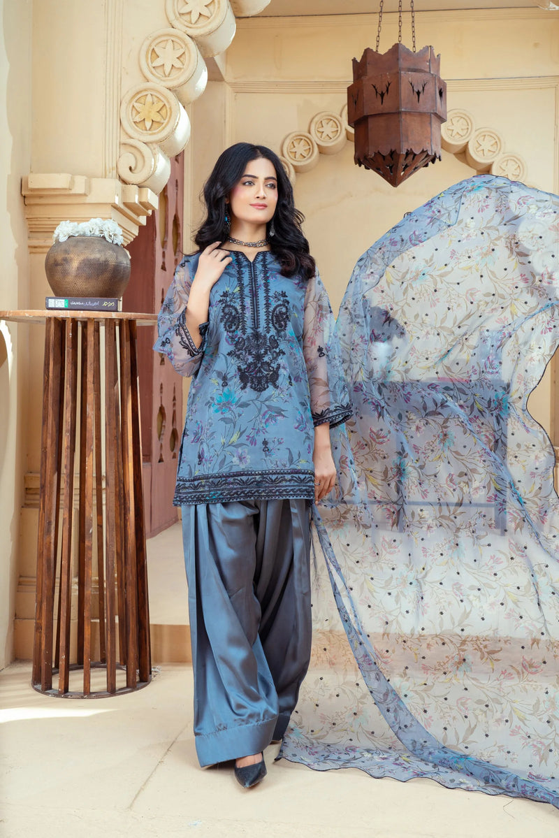 Slate Blue Organza Embroidered Shirt with Deep Charcoal Silk Farshi Shalwar – RNK4