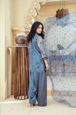 Slate Blue Organza Embroidered Shirt with Deep Charcoal Silk Farshi Shalwar – RNK4