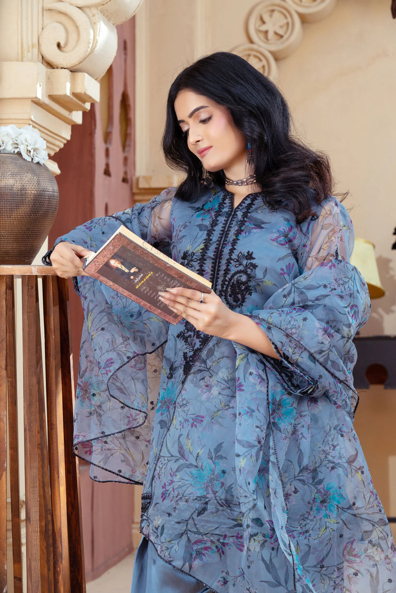 Slate Blue Organza Embroidered Shirt with Deep Charcoal Silk Farshi Shalwar – RNK4